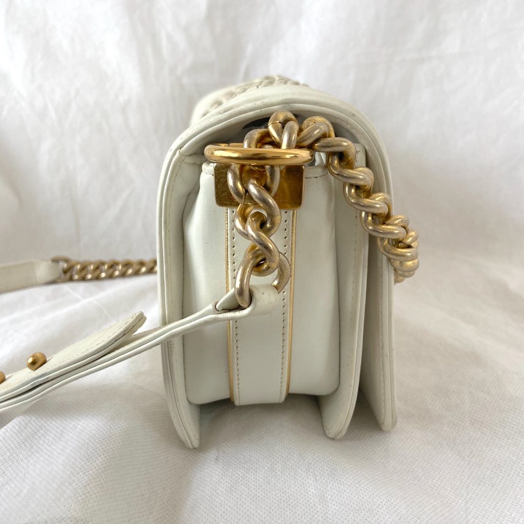 Chanel  White/Gold Woven Leather Small Reverso Boy Flap Bag
