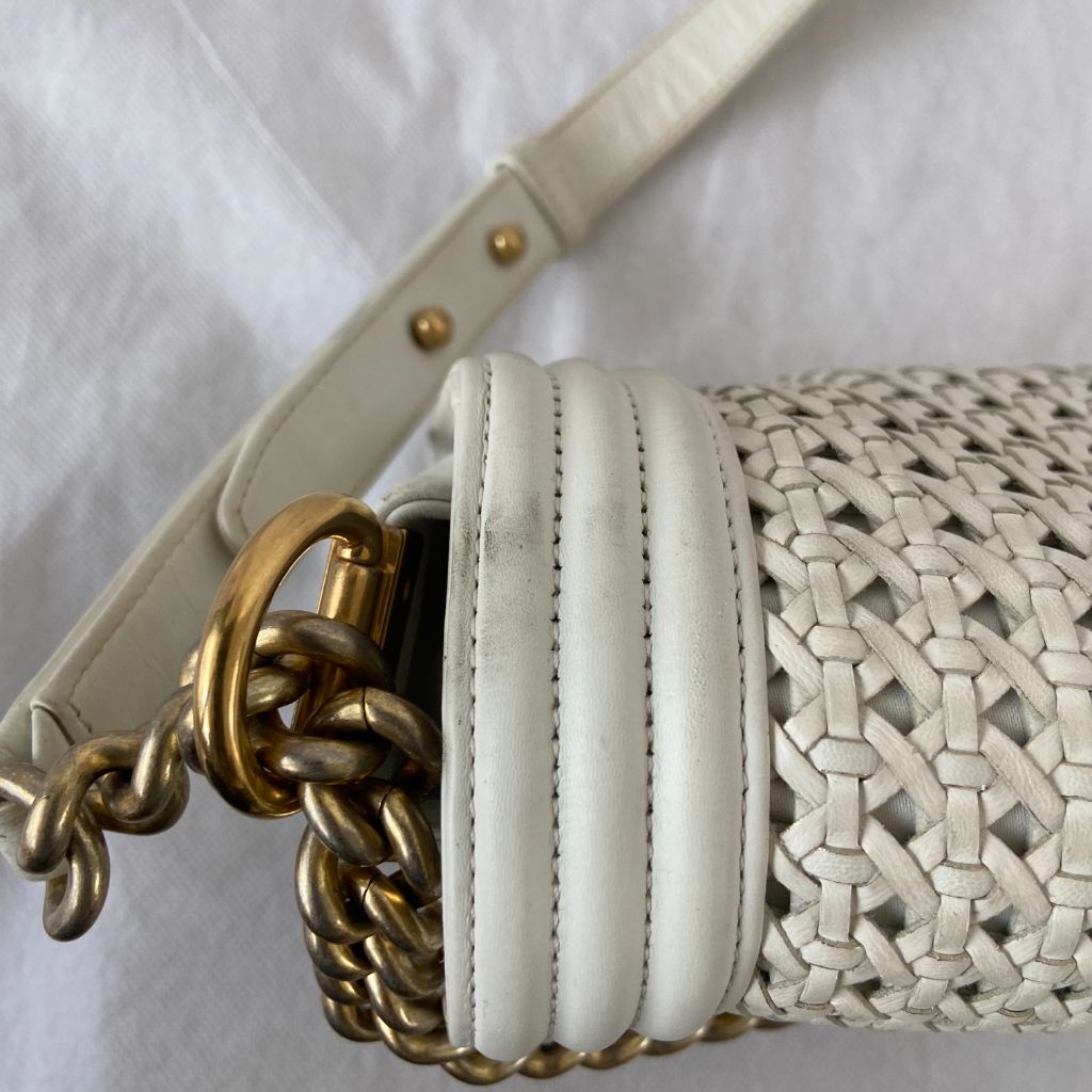 Chanel  White/Gold Woven Leather Small Reverso Boy Flap Bag