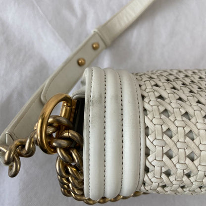 Chanel  White/Gold Woven Leather Small Reverso Boy Flap Bag