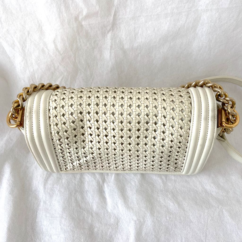 Chanel  White/Gold Woven Leather Small Reverso Boy Flap Bag