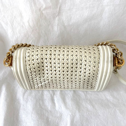 Chanel  White/Gold Woven Leather Small Reverso Boy Flap Bag