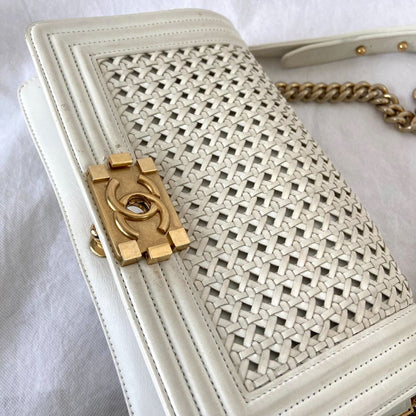 Chanel  White/Gold Woven Leather Small Reverso Boy Flap Bag