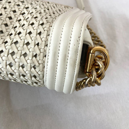 Chanel  White/Gold Woven Leather Small Reverso Boy Flap Bag