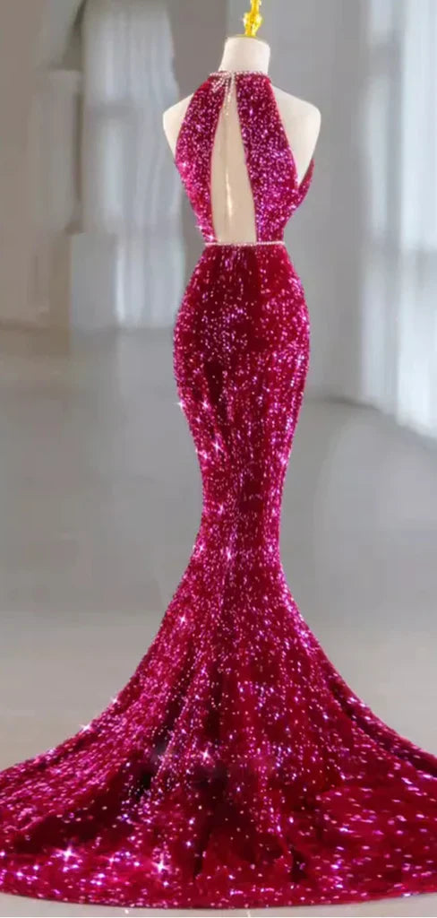 Pink Gorgeous Shiny Exquisite Beaded Halter Long Mermaid Slim Sequin Floor Length Ball Gown Evening Gown Party Dress gh3395