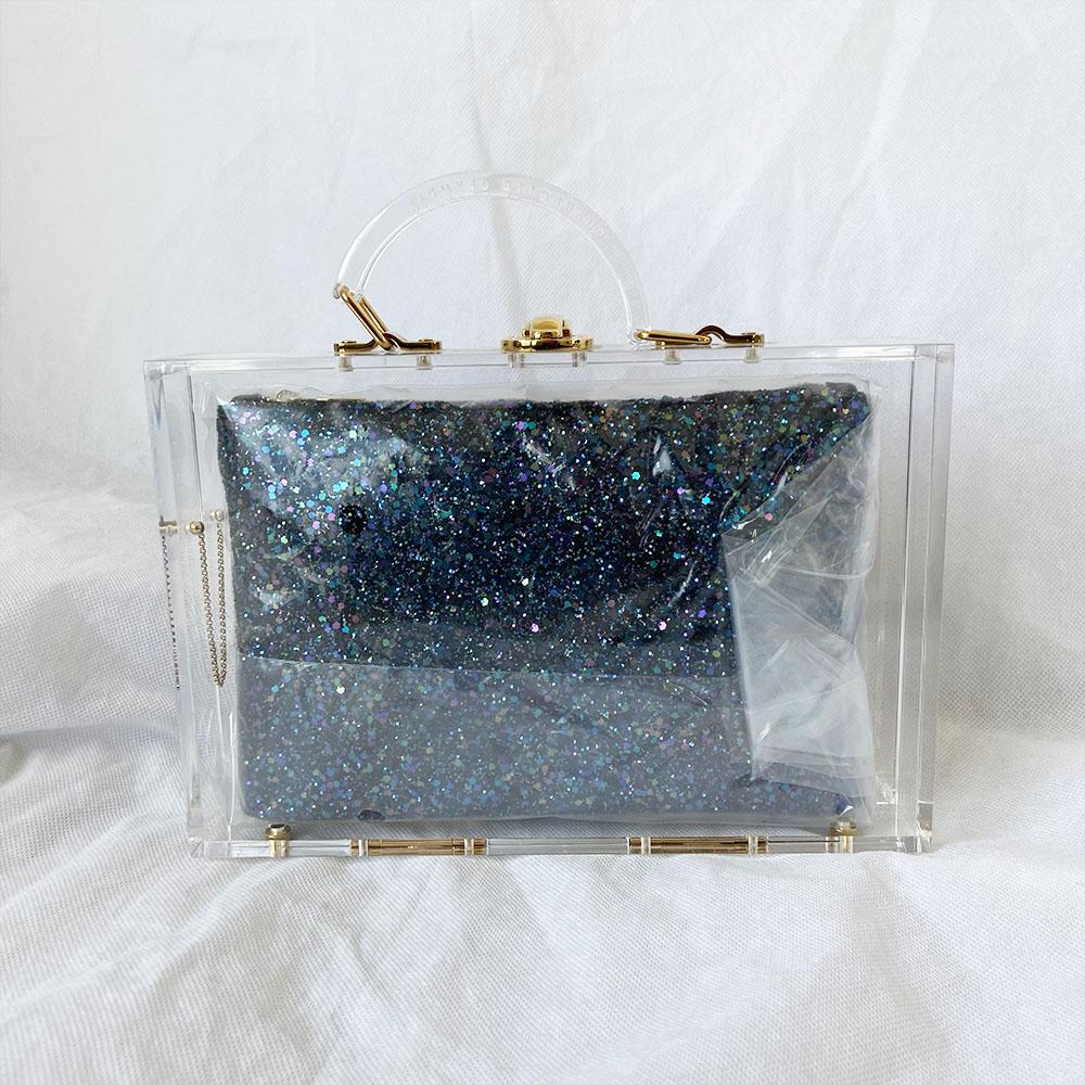 Charlotte Olympia clear acrylic box clutch with blue glittery zip pouch