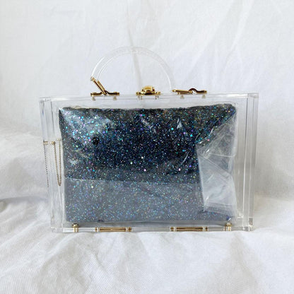Charlotte Olympia clear acrylic box clutch with blue glittery zip pouch