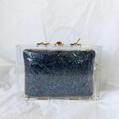Charlotte Olympia clear acrylic box clutch with blue glittery zip pouch