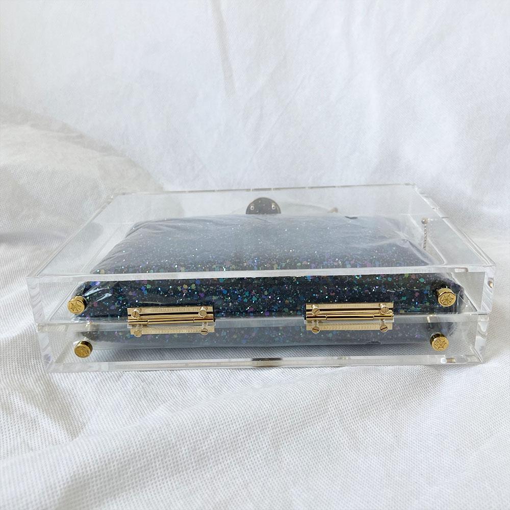 Charlotte Olympia clear acrylic box clutch with blue glittery zip pouch