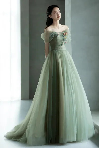 Green beautiful charming floral applique tulle long formal prom dress,evening dress,party dress gh2422