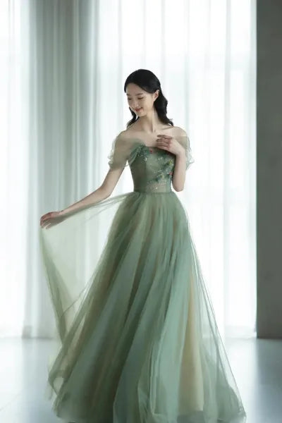 Green beautiful charming floral applique tulle long formal prom dress,evening dress,party dress gh2422
