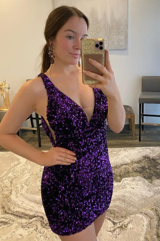 PM140,Charming Purple Sequined Homecoming Dresses Mini Party Dresses
