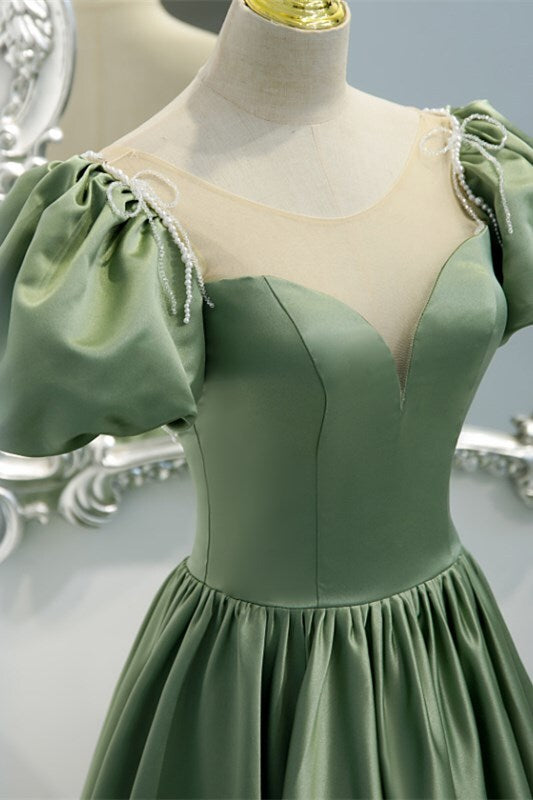 Green A-line Long Formal Gown Satin Prom Dresses