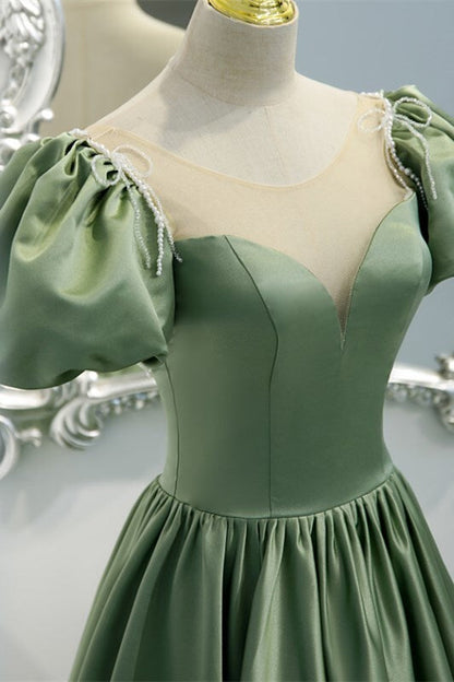 Green A-line Long Formal Gown Satin Prom Dresses