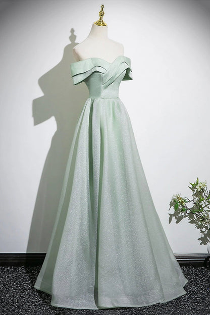 Green Tulle Long A-Line Prom Dress, Off the Shoulder Lovely Party Dress