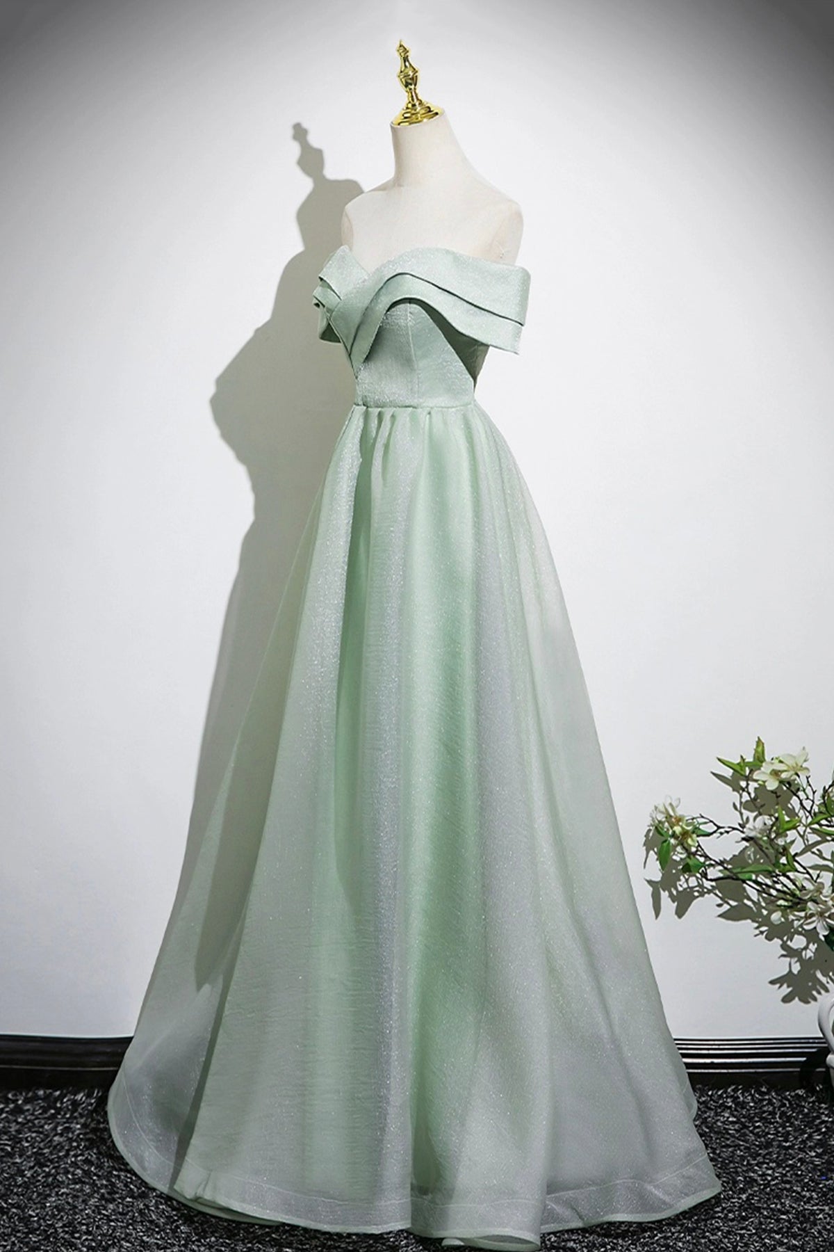 Green Tulle Long A-Line Prom Dress, Off the Shoulder Lovely Party Dress