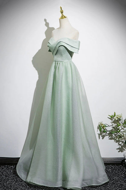 Green Tulle Long A-Line Prom Dress, Off the Shoulder Lovely Party Dress