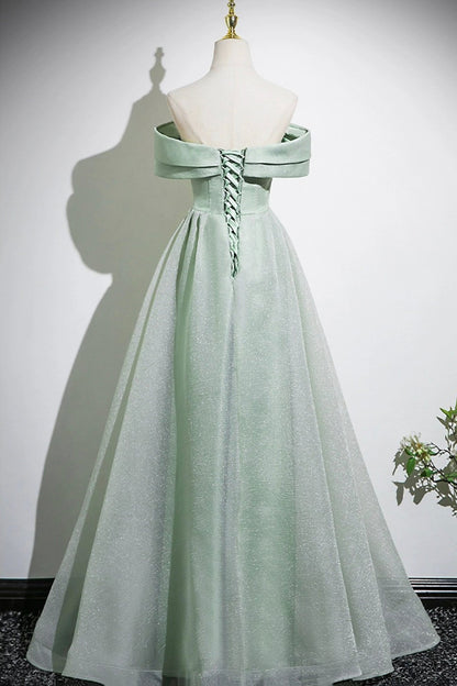 Green Tulle Long A-Line Prom Dress, Off the Shoulder Lovely Party Dress
