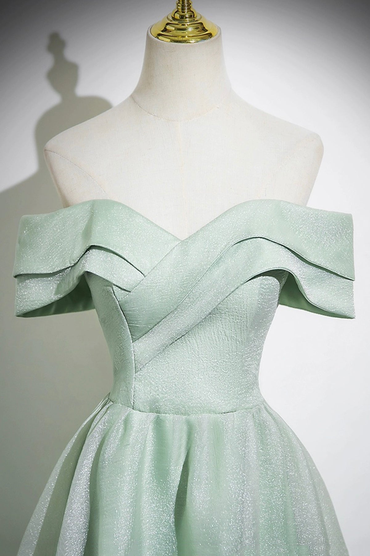 Green Tulle Long A-Line Prom Dress, Off the Shoulder Lovely Party Dress