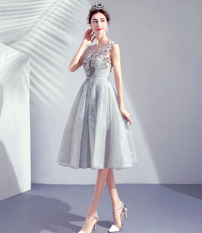 Gray Lace Short A-Line Prom Dress, Cute Scoop Homecoming Party Dress