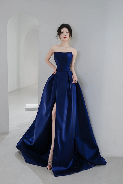 Blue Satin Long A-Line Prom Dress, Simple Blue Evening Dress Formal Dress