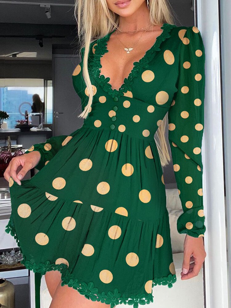 loveedsTM-Polka Dot Print Lace Trim Ruched Dress Women Sexy Plunge Long Sleeve Flared Mini Dress