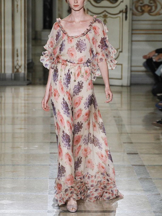 Beige Round Neck Short Sleeves Printed Maxi Dress