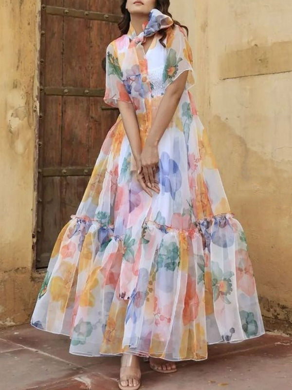 Elegant And Flowing Organza Print Women's Dress