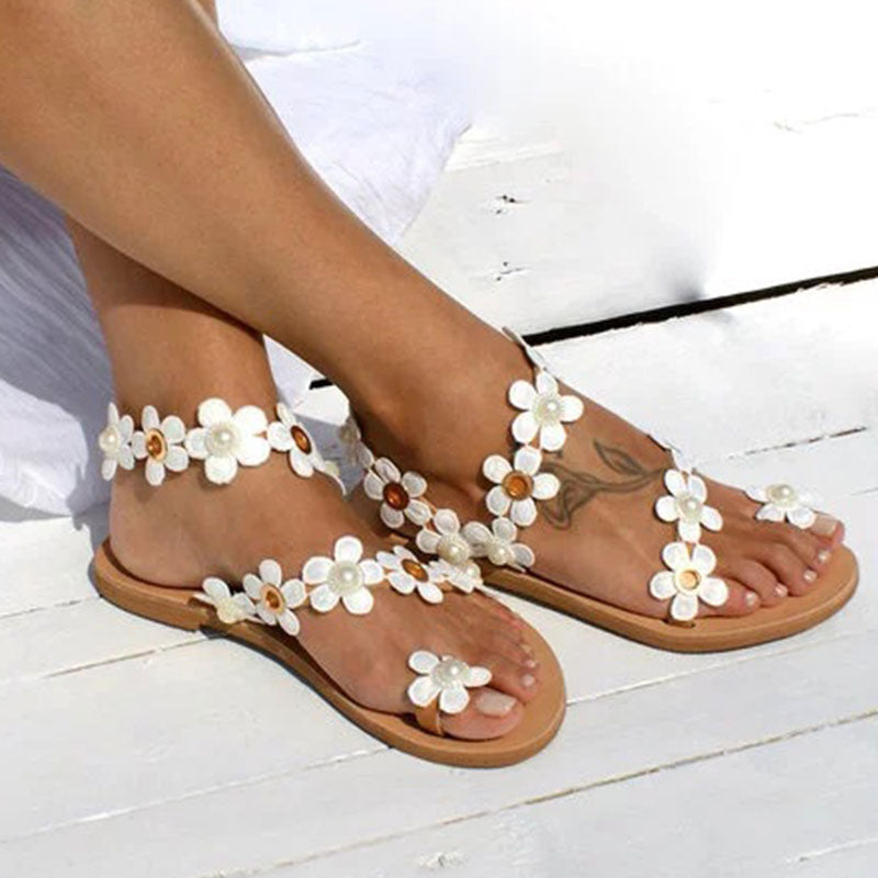 Small fresh large size flower pu slip-toe ladies sandals