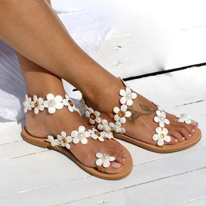 Small fresh large size flower pu slip-toe ladies sandals