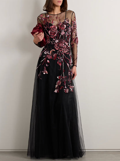 Round Neck Mesh Sequins Maxi Dress