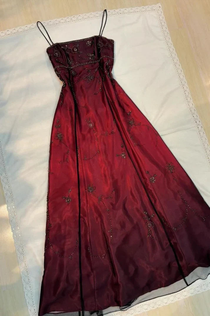Vintage A Line Spaghetti Strap Beaded Black Chiffon Burgundy Satin Prom Dress Graduation Prom Dress SH2598
