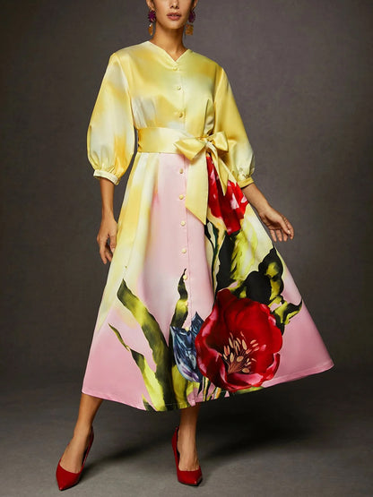 Yellow Satin Floral Pocket Midi Dress