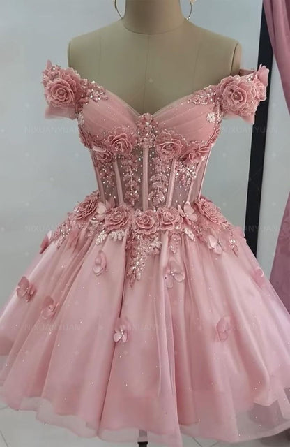 preppydressess-Pink Floral Exquisite Beaded Short Tulle Homecoming Dress Prom Dress Birthday Party Dress gh5024