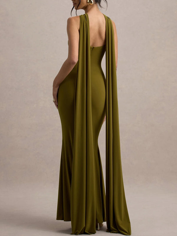 Green Twist Halter Shawl Dress