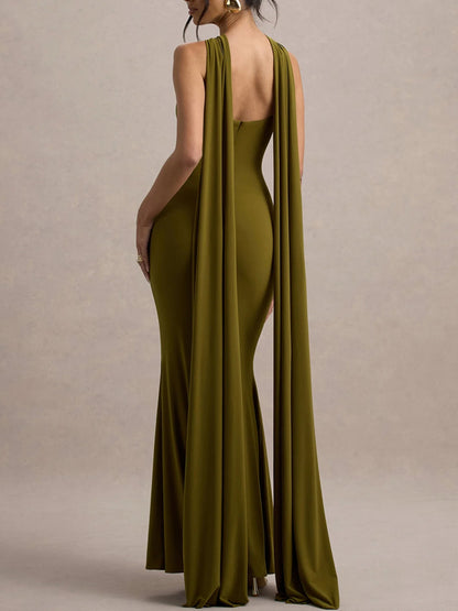Green Twist Halter Shawl Dress