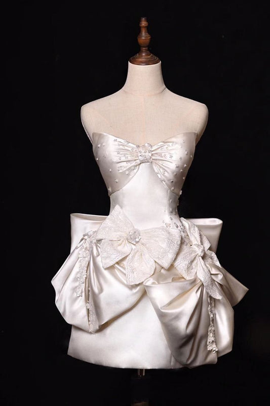 Ivory Beaded Elegant Short Satin Homecoming Dress PromDress Party Dress gh4982