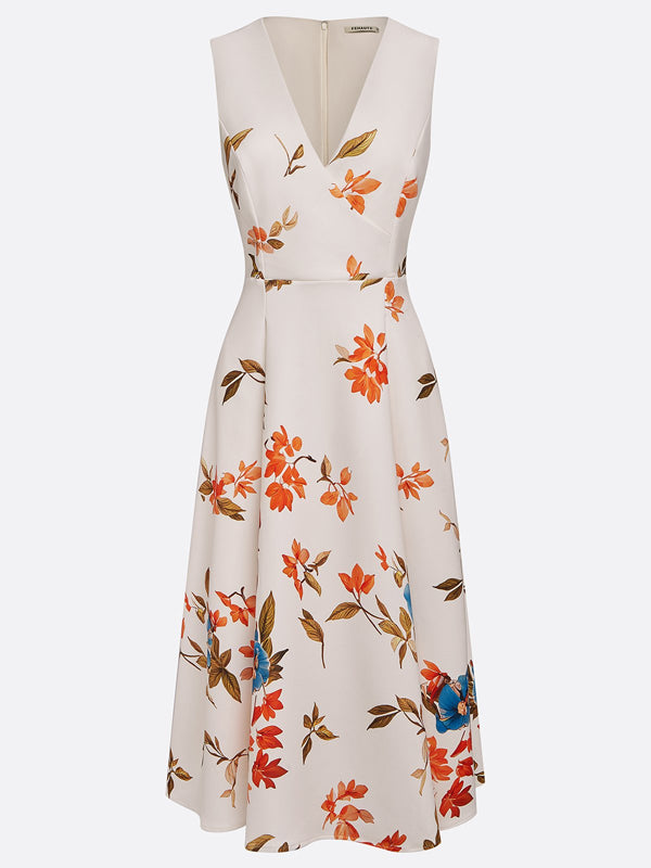 V-neck Sleeveless Printed Midi Dress