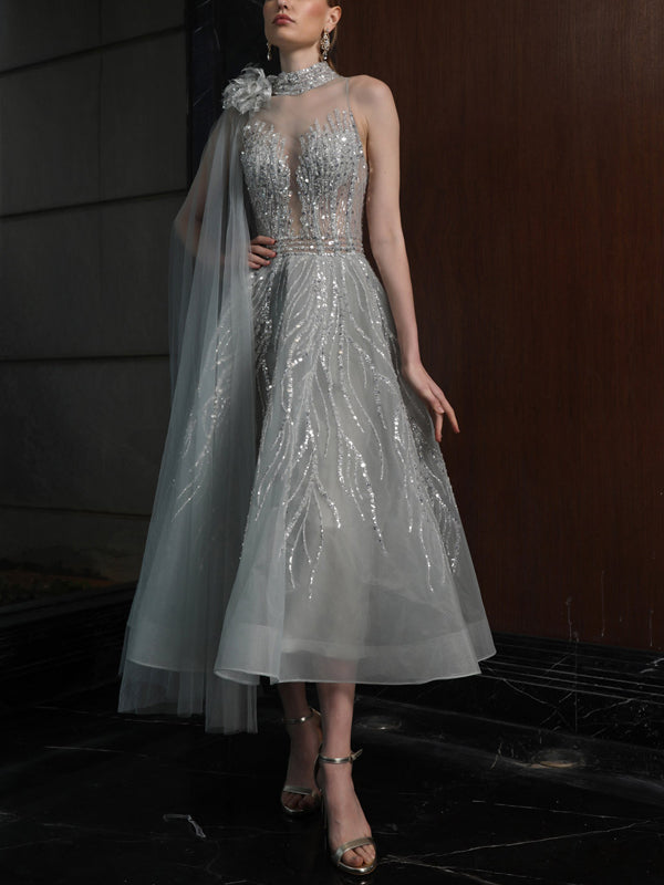 Sleeveless Solid Sequins Midi Dress