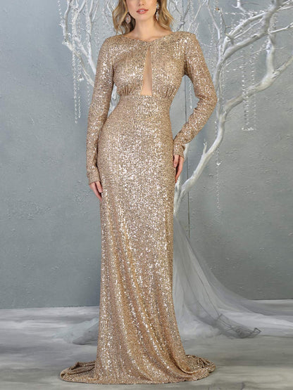 Round Neck Long Sleeve Sequin Solid Color Maxi Dress
