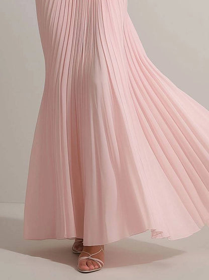 Party Dress Pink Deep V Sleeveless Pleated Maxi Dress