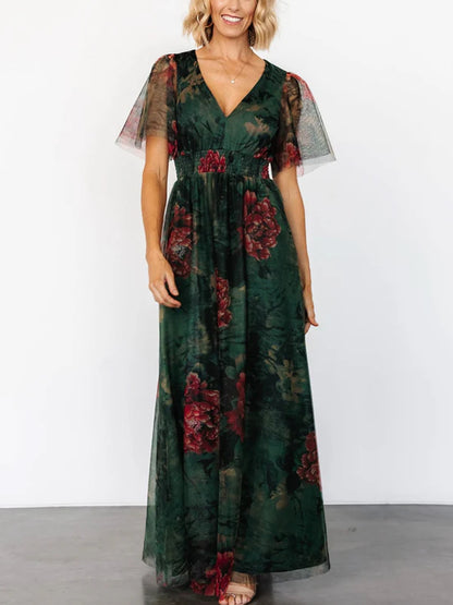 Short Sleeve Elegant Mesh Print Maxi Dress