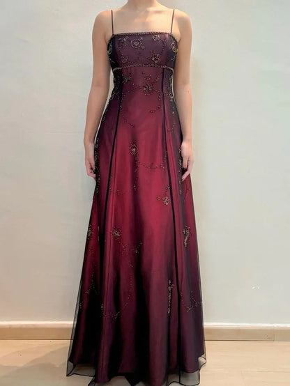 Vintage A Line Spaghetti Strap Beaded Black Chiffon Burgundy Satin Prom Dress Graduation Prom Dress SH2598