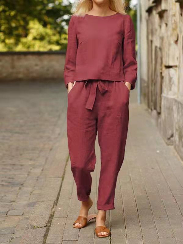 Autumn Solid Color Top and Tie Trousers Suit