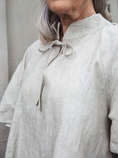 Lace-up Cotton and Linen Stripes Short Sleeves
