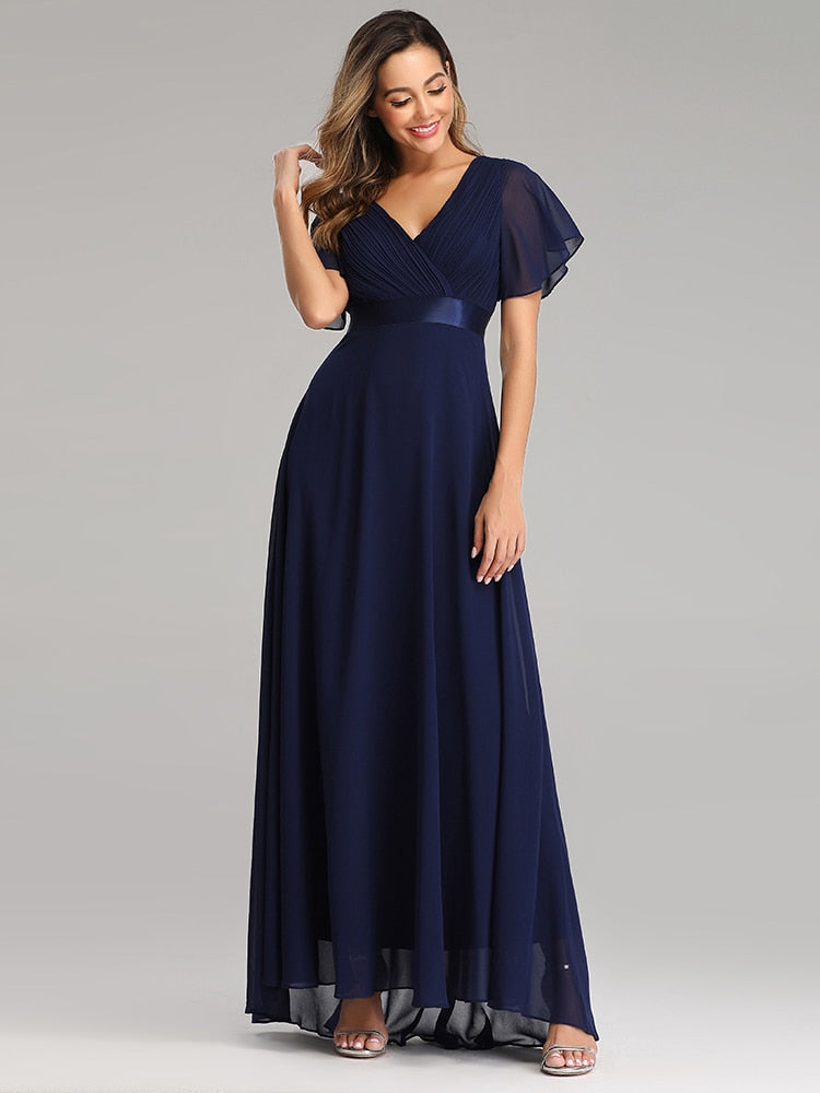 loveedsTM- Evening Dresses Elegant V-Neck Ruffles Chiffon Formal Evening Gown  Robe Vestidos De fiesta Dress for Wedding Party