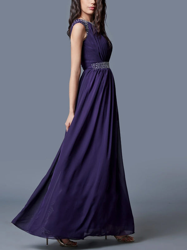 Round Neck Sleeveless Solid Color Sequins Maxi Dress