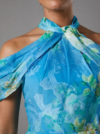 Cold Shoulder Printed Chiffon Midaxi Halter Dress
