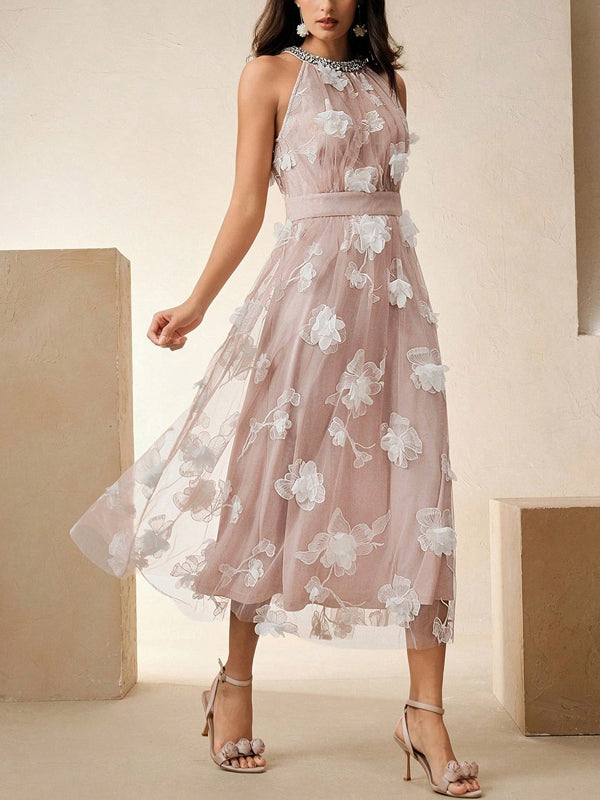 3D Floral Mesh Rhinestone Decorated Waist Sleeveless Floral Dress