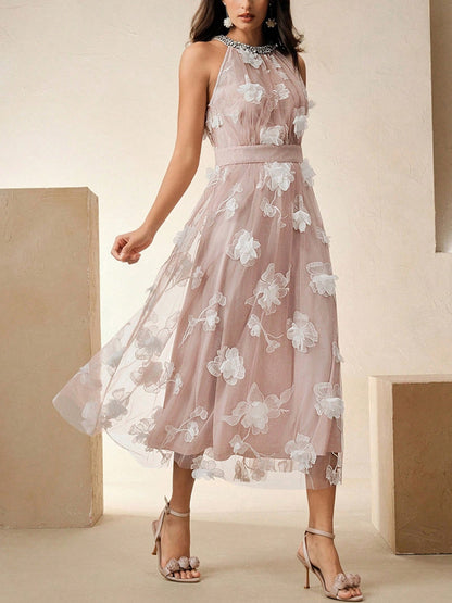 3D Floral Mesh Rhinestone Decorated Waist Sleeveless Floral Dress