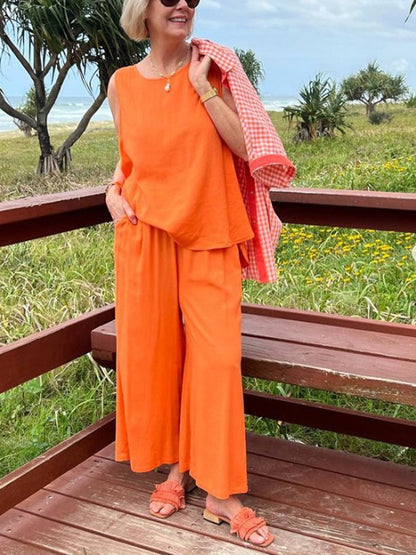 Round Neck Sleeveless Solid Color Top Trousers Suit